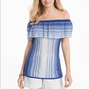 WHBM Blue Off-the-shoulder Flounce Stripe Sweater